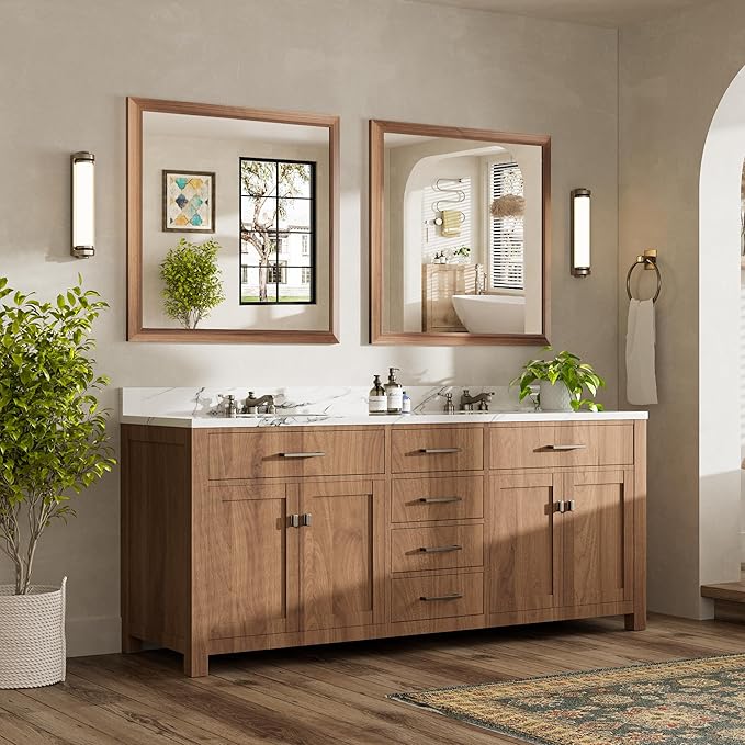 36x36 Inch Bathroom Mirror for Wall, Anti-Rust Walnut Wood Grain Metal Framed