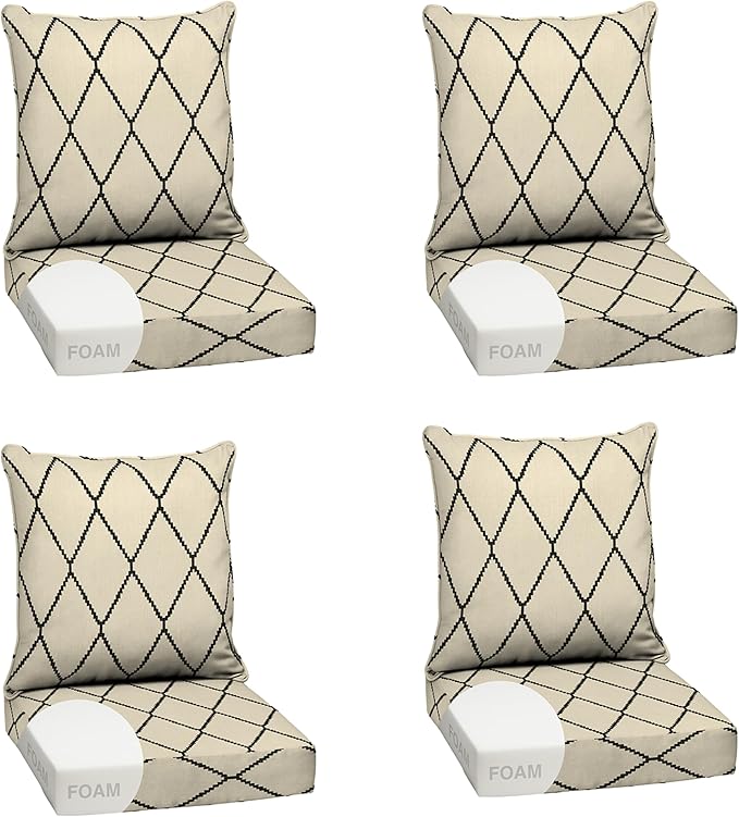 Arden Outdoor Foam Deep Seat Cushion Set (4-Pack), 24x24, Premium High-Density Foam, Never Flattens, Weather-Proof for Patio Chair Sofa Couch, Tan Diamond Trellis