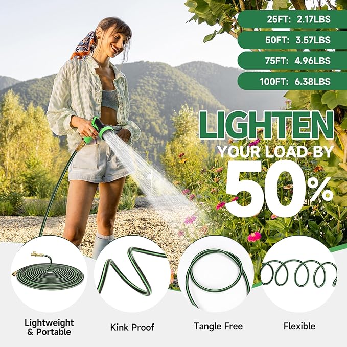 Garden Hose 75 ft Non-expandable Water Hose Flexible Durable 5 Layers TPV No Kink Lightweight Hybrid Hoses Heavy Duty with 3/4’’ Fittings-10 Way Nozzle Collapsible Outdoor Pipe for Yard Lawn