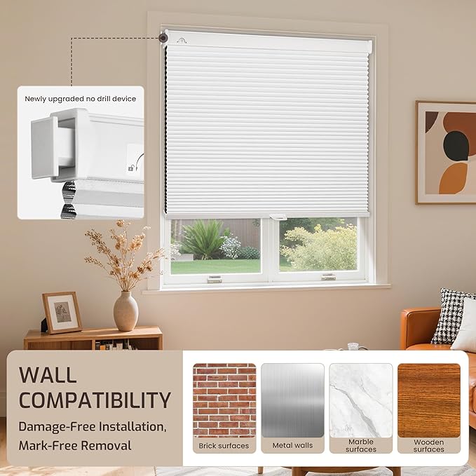 Grandekor No Drill No Tools Cordless Cellular Shades, UV Protection Privacy No