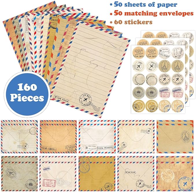 160 Pcs Stationery Paper Envelopes Set Includes 50 Lined Writing Paper & 50 Envelopes with 60 Colorful Round Dot Stickers, Cute Vintage Travel Letter Writing Stationery Paper Envelopes(10Style)