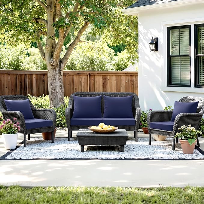 MIULEE Navy Outdoor Chair Cushion 24x24 Inch for Patio Furniture Linen Textured Waterproof & 3 Year Color Fastness Seat and Back Couch Cushion with Ties No Slip Design