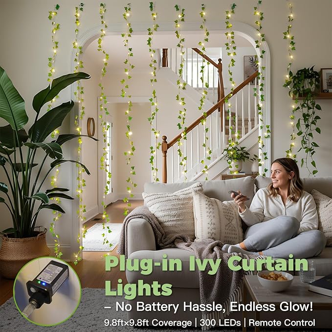 suddus 300 LED Vines with Lights Plug in, 9.8ft x 9.8ft Fairy Lights with Vines
