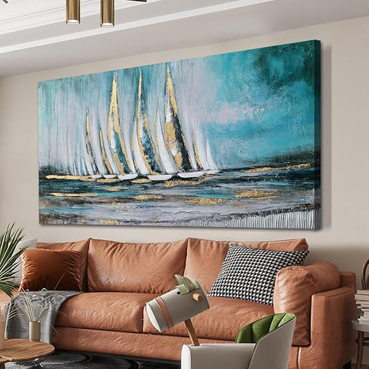 Anolyfi Blue Abstract Canvas Wall Art Teal Ocean Sailboat Picture Modern