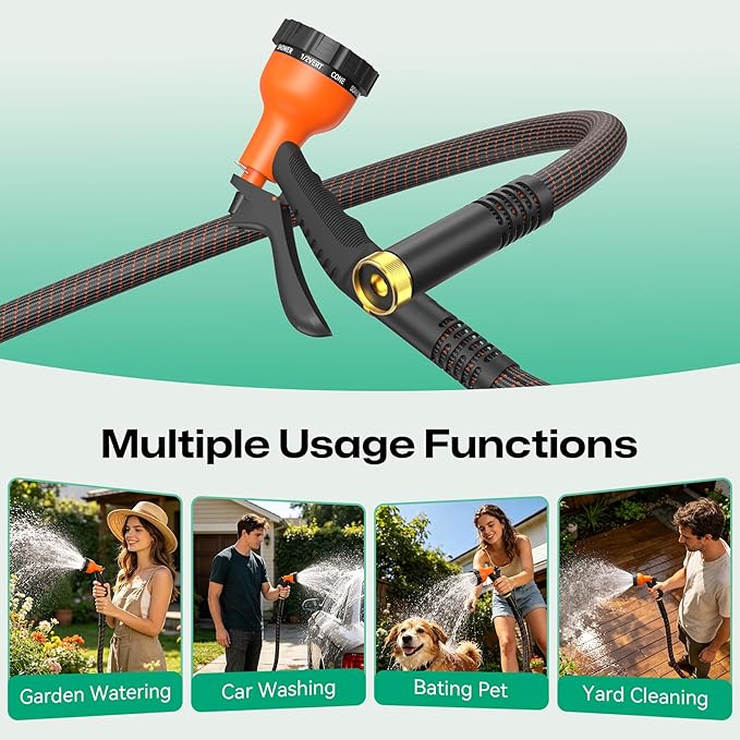 Garden Hose 100ft NON-EXPANDABLE Water Hose, 3-Layer Lightweight Nylon Braided Hose for Yard, Car Wash & Pet Shower, 600 PSI Burst Heavy Duty Kink-Free with 10-Way Nozzle & 3/4" Brass Fittings