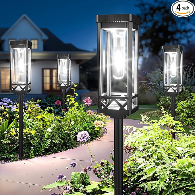KOOPER Taller Solar Pathway Lights Outdoor, 4 Pack Upgraded Brighter Solar Garden Lights Solar Powered, Up to 15 Hours Outdoor Solar Lights for Yard Landscape Path Walkway Driveway ï¼Cool Whiteï¼