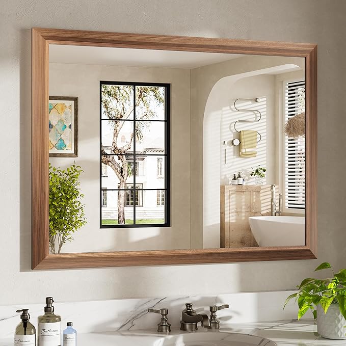 40x30 Inch Bathroom Mirror for Wall, Anti-Rust Walnut Wood Grain Metal Framed