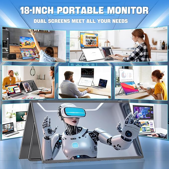 InnoView 18" 2K 100Hz Dual Portable Monitor 100% DCI-P3 Dual Monitor 315°Adjustable Screen Extender for Windows Mac Laptop with Speakers Type-C HDMI DP Foldable 2560x1600 Monitors (No Driver Needed)