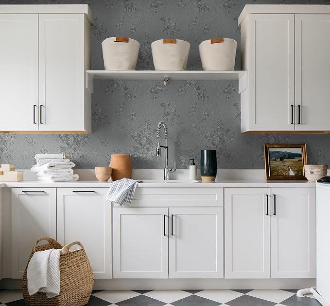 Erfoni 197"x17.7" Gray Peel and Stick Wallpaper Thicken Flower Embossed