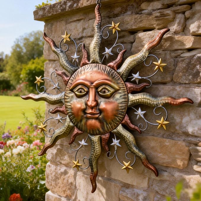 TERESA'S COLLECTIONS Sun Metal Wall Art for Outdoor Decor,21" Bronze Sun Face 3D Wall Decor for Garden Decor,Rustic Retro Hanging Sculpture for Outside Living Room Home Patio Farmhouse Gifts for Mom
