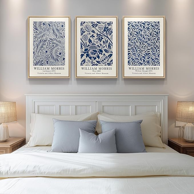 Framed Large William Morris Wall Art Set of 3, Vintage Blue Botanical Floral