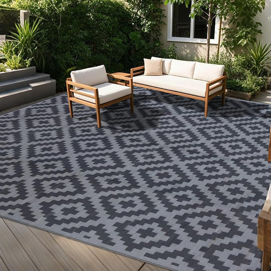 SAND MINE Waterproof Outdoor Rug, Plastic Reversible Rug, Modern Area Rug, Large Floor Mat for Outdoors, RV, Patio, Backyard, Deck, Picnic, Beach, Camping (10' x 14', Black Grey Lattice)