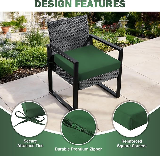 Outdoor Chair Cushions Set of 2, 22x22x3Inch Waterproof & Fade Resistant Patio Furniture Seat Cushions with Ties, Square Outdoor Dining Chair Cushions for Lawn, Garden, Deck&Yard, Forest Green