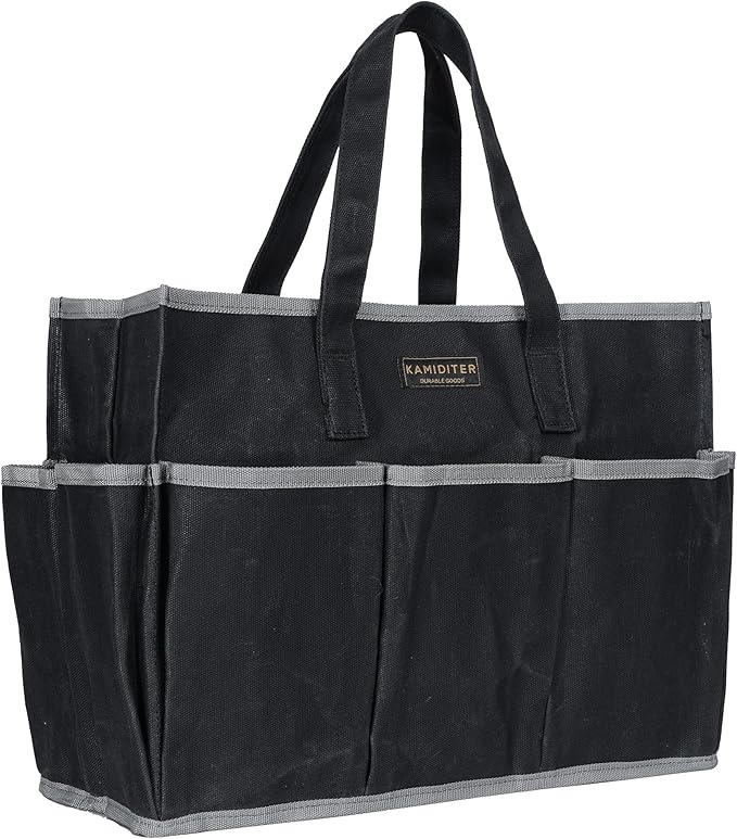 Waxed Canvas Tote Bag, Heavy Duty Multi-Purpose Canvas Tool Bag with 10 Pockets for Screwdrivers/Wrench/Pliers/Electricians Storage, Black