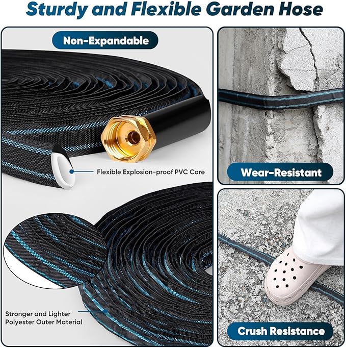 Garden Hose 50ft, Non-Expanding Water Hose, Flexible Ultra-Light, Anti-Kink, Wear-Resistant, Portable, Easy Storage, Hose with 3/4 for Outdoor, Garden, Yard and Lawn, Black Lake Blue