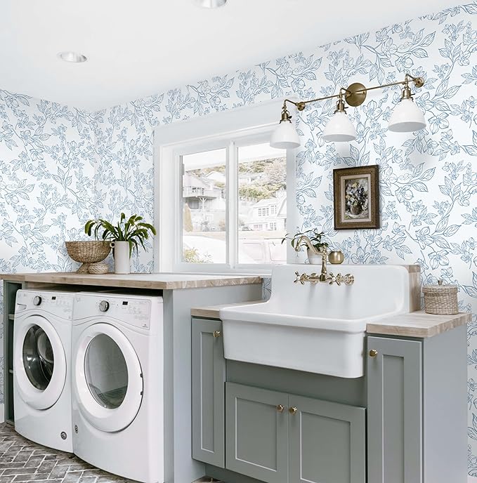 Ismoon Floral Wallpaper Peel and Stick Blue and White Contact Paper Vintage
