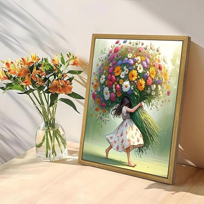 Wood Framed Pink Wildflower Canvas Wall Art, Girl Hugging Flowers Poster Prints