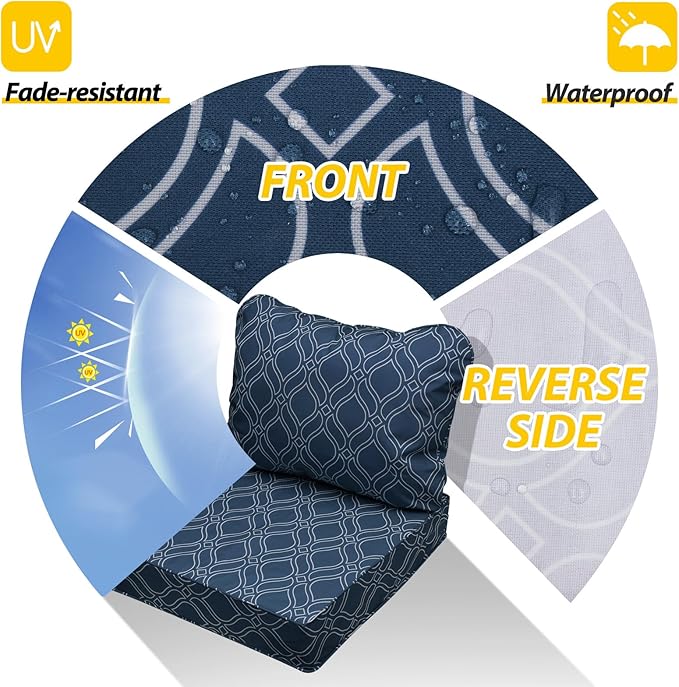 AAAAAcessories Outdoor Seat Cushions for Chairs, Fade-Resistant, Waterproof Patio Furniture Replacement Cushions, 25.5" x 25.5" x 5" + 25.5" x 19", Slate Blue Vine Trellis
