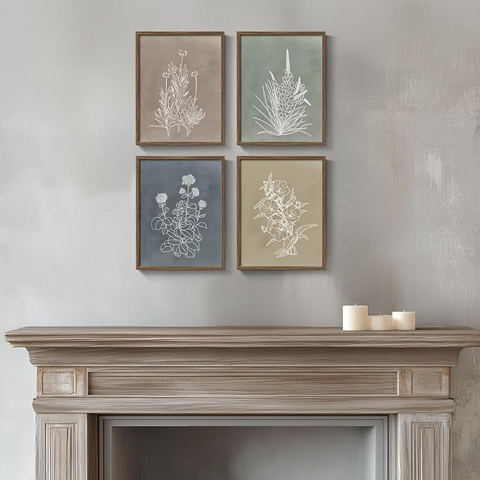 Boho Framed Botanical Wall Art for Bathroom Decor, 4 Piece Rustic Floral Canvas