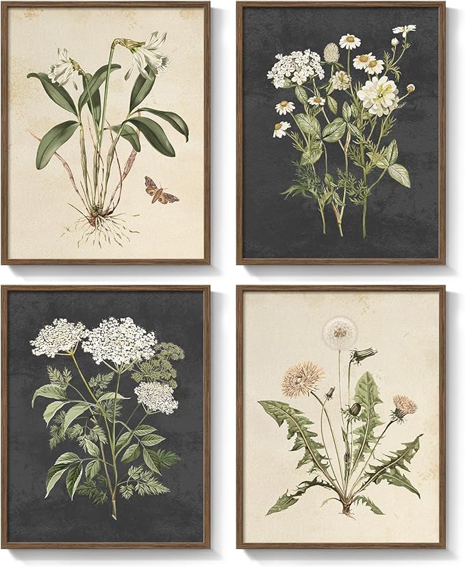 Framed Botanical Wall Art for Living Room, 4 Piece Rustic Floral Canvas