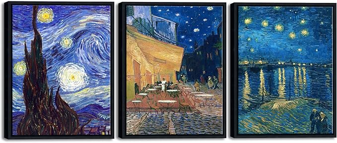 Wieco Art Framed 3 Panels Canvas Prints of Vincent Van Gogh Paintings