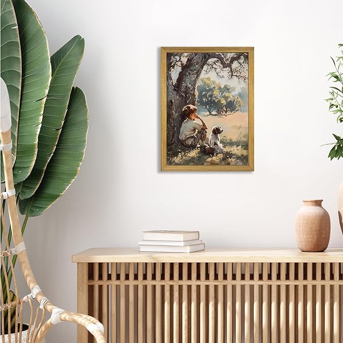 Wood Framed Canvas Wall Art, Vintage Boy and Dog Painting Poster, Countryside