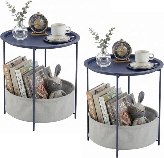 VECELO Round Side/End Table with Fabric Storage Basketï¼Metal Anti-Rust and Waterproof Small Bedside Nightstand with Removable Tray Top for Living Roomï¼Balcony & Laundryï¼Blue /2pcs with Basket