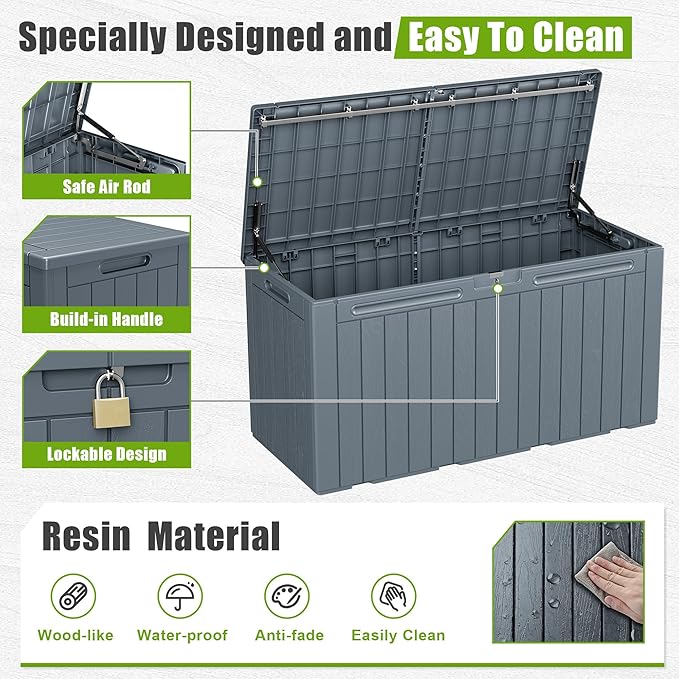 Flamaker Resin Deck Box 100 Gallon Large Lockable Outdoor Storage Box Waterproof Deck Chest for Patio Cushions, Garden Tools, Accessories (Gray)