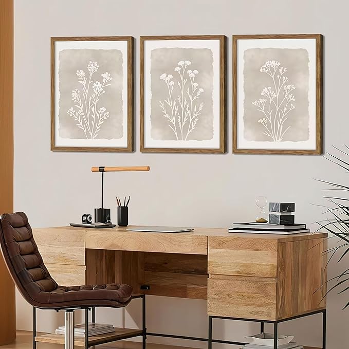 Framed Boho Botanical Flower Wall Art Set of 3, Vintage Minimalist Neutral