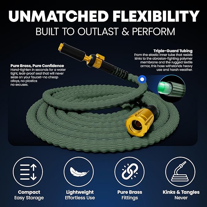 TITAN Flexible Garden Hose 65FT – Ultra Lightweight, Heavy Duty Water Hose with Brass Fittings & Jet Nozzle – Kink-Free, Non-Expanding, Durable Fabric Hose for Yard, Lawn, Car Wash, Outdoor Use