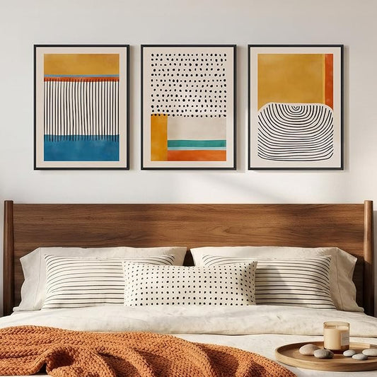 Framed Abstract Mid Century Modern Wall Art Bedroom, 3 Piece Colorful Bright