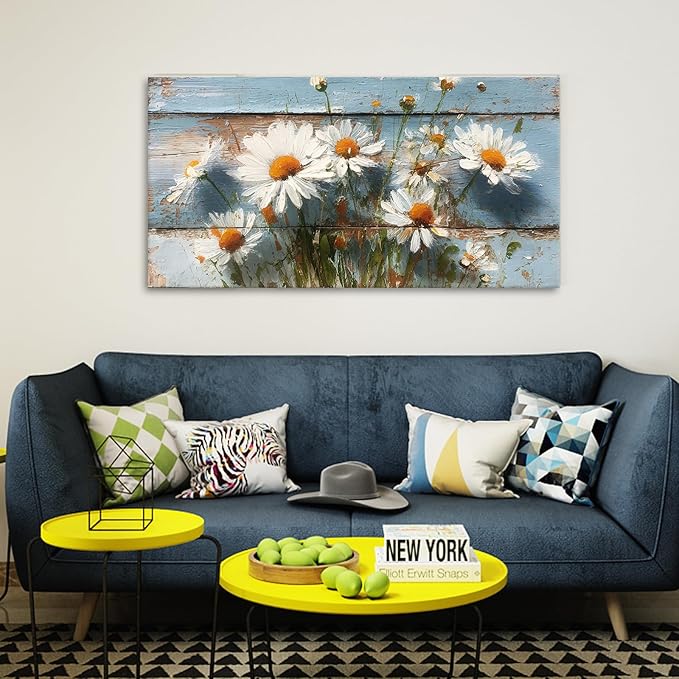 JLXART White Daisy Flowers Large Wall Art 30x58inch Canvas Decor Watercolor Floral Prints on Wood Background Pictures for Kitchen Bathroom Home