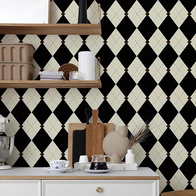 Simon&Siff Retro Checkered Peel and Stick Wallpaper Black and White Cream