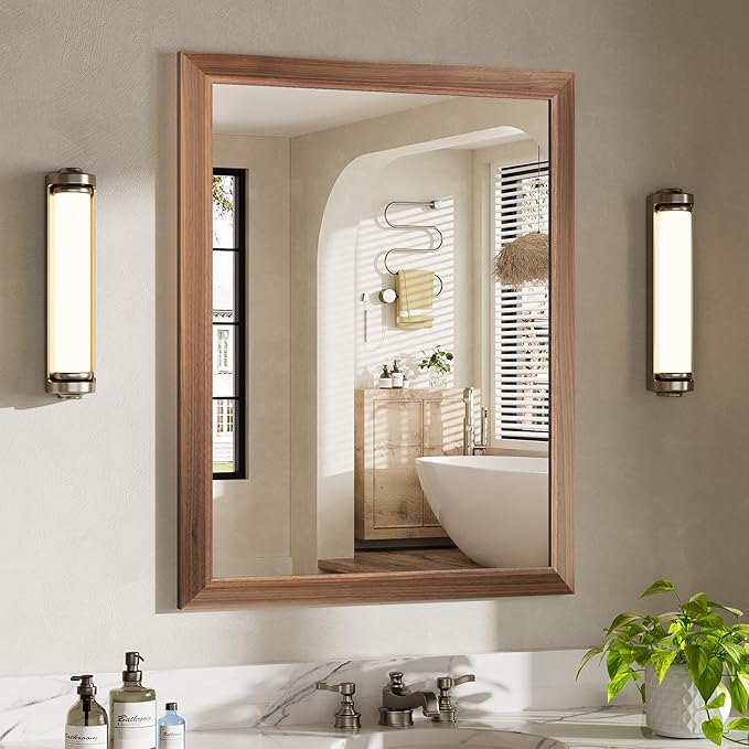 28x36 Inch Bathroom Mirror for Wall, Anti-Rust Walnut Wood Grain Metal Framed