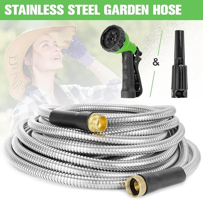 TVKB Metal Garden Hose 25ft Stainless Steel Metal water Hose Super Tough & Flexible Water pipe Lightweight, Crush Resistant Aluminum Fittings, Kink & Tangle Free, Rust Proof