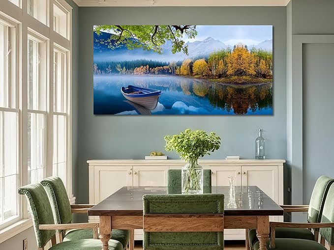 Arjun Landscape Wall Art for Living Room Lake Canvas Blue Picture Bedroom, Summer Nature Boat Artwork Modern Nature Painting Framed Large Home Office Dining Room Wall Decor 48"x24"