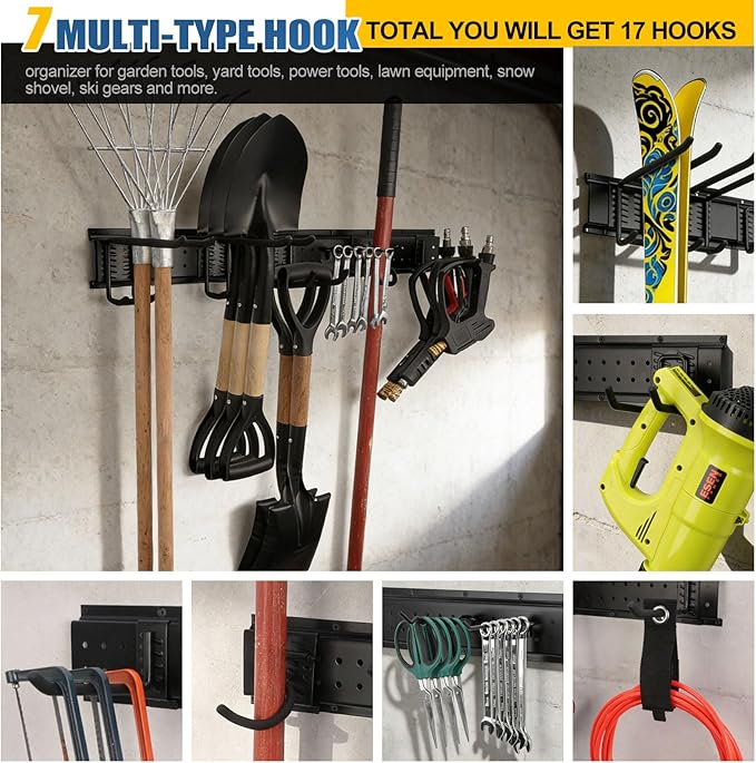 66'' Garage Tool Organizer Wall Mount 21PCS, 750lbs Heavy Duty Garden Tool Organizer with 17 Adjustable Hooks, Yard Tool Hanger for Shovel Rake Broom Ladder, Garage Wall Organization, Men's Gift