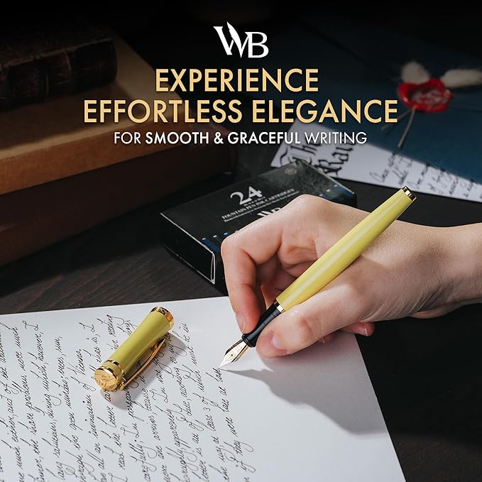 Wordsworth & Black Fountain Pen Set, 18K Gilded Medium Nib, Includes 24 Pack Ink Cartridges, Ink Refill Converter & Gift Box, Gold Finish, Calligraphy, [Yellow], Perfect for Men & Women