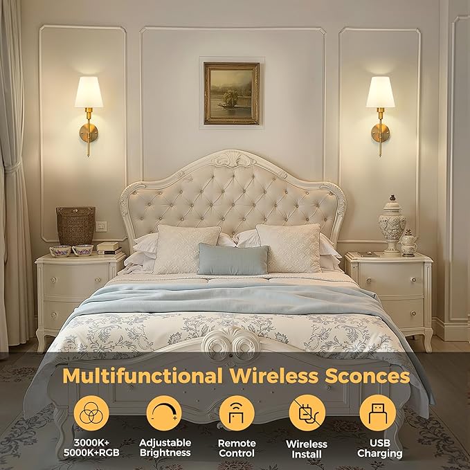 DORESshop Battery Operated Wall Sconce Set of 2, Wall Light Wireless Easy to