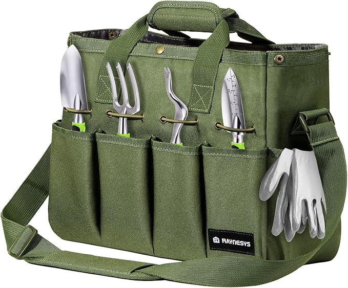 Raynesys Garden Tote Bag, Gardening Tool Bag Organizer with Pockets & Handle, 900D Heavy Duty Garden Storage Bag with Long Adjustable Shoulder Strap for Tools, Green