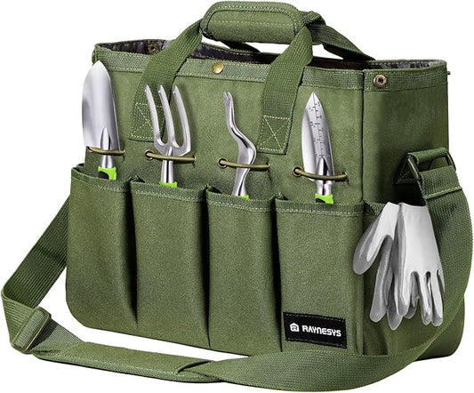 Raynesys Garden Tote Bag, Gardening Tool Bag Organizer with Pockets & Handle, 900D Heavy Duty Garden Storage Bag with Long Adjustable Shoulder Strap for Tools, Green