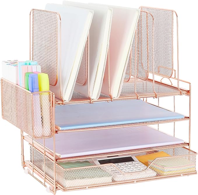 LEKETREE Desk Organizers and Accessories, 3-Tier Paper Organizer with 5 Vertical File Holders, File Organizer for Desk (Rose Gold With Drawer, 3T With Drawer)