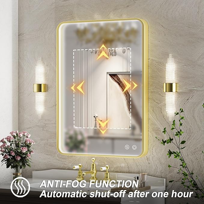 20X28 Inch Framed LED Lighted Bathroom Mirror, Wall Mounted Gold Metal Vanity