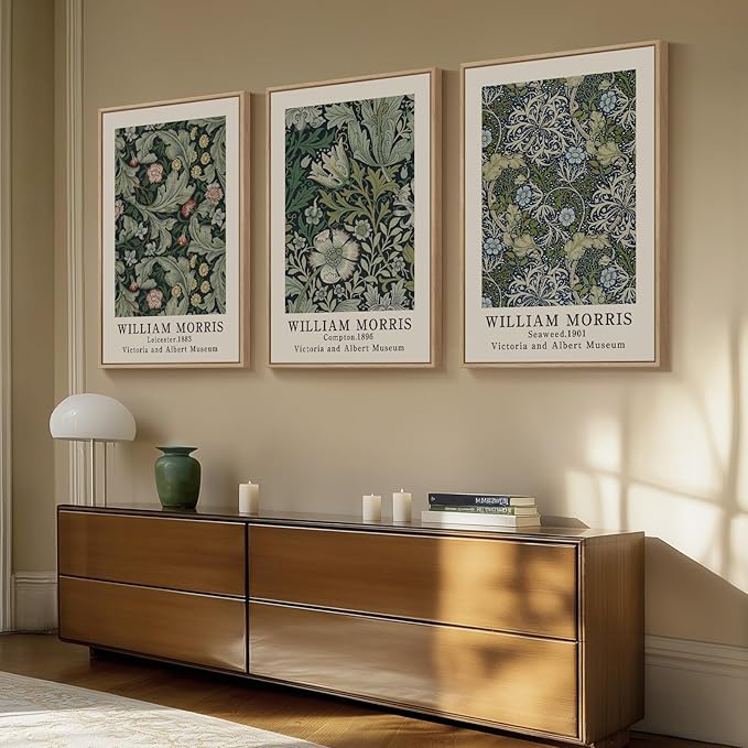 Large Framed William Morris Green Wall Art, 3 Piece Vintage Floral Canvas Prints