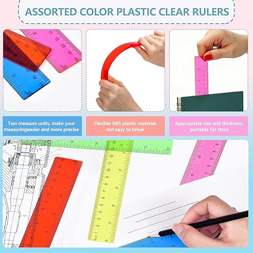 30Pcs 6 Inch Rulers with Inches and Centimeters in Bulk，Plastic Ruler in Assorted Colors, Clear Ruler, Transparent Rulers Bulk for Students Back to School Office Supplies(30Pcs)