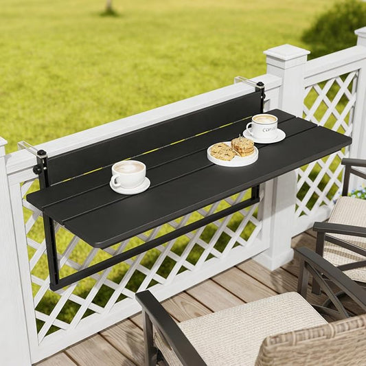 Sundale Outdoor 40" Large Folding Balcony Table for Railing, Patio HDPE Bar Adjustable Hanging Table for Baluster Garden Deck, Black