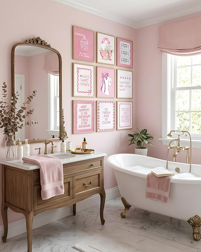 tgguytiy 9Pcs Pink Bow Bathroom Wall Art Prints, Coquette Bowknot Aesthetic