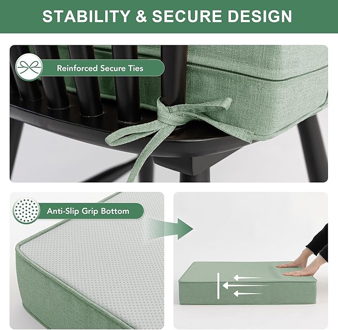 Summsun Outdoor Cushions for Patio Furniture, Faux Linen Water Resistant Backrest and Deep Seat Cushion Set with Removable Cover, Straps, Non-Slip Bottom, 24 x 24 Inch, Sage Green, Set of 4