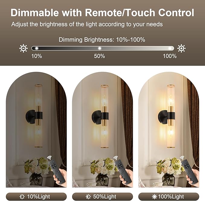 Black Gold Battery Operated Wall Sconces Set of 2, Rechargeable Wall Lights