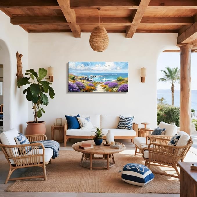 SERIMINO Coastal Wall Art, Landscape Wall Art, Large Wall Decor, Blue Ocean Scene Art Prints, Beach Wildflower Canvas Paintings for Living Room Office Bedroom Bathroom Rustic Farmhouse 24"x48"